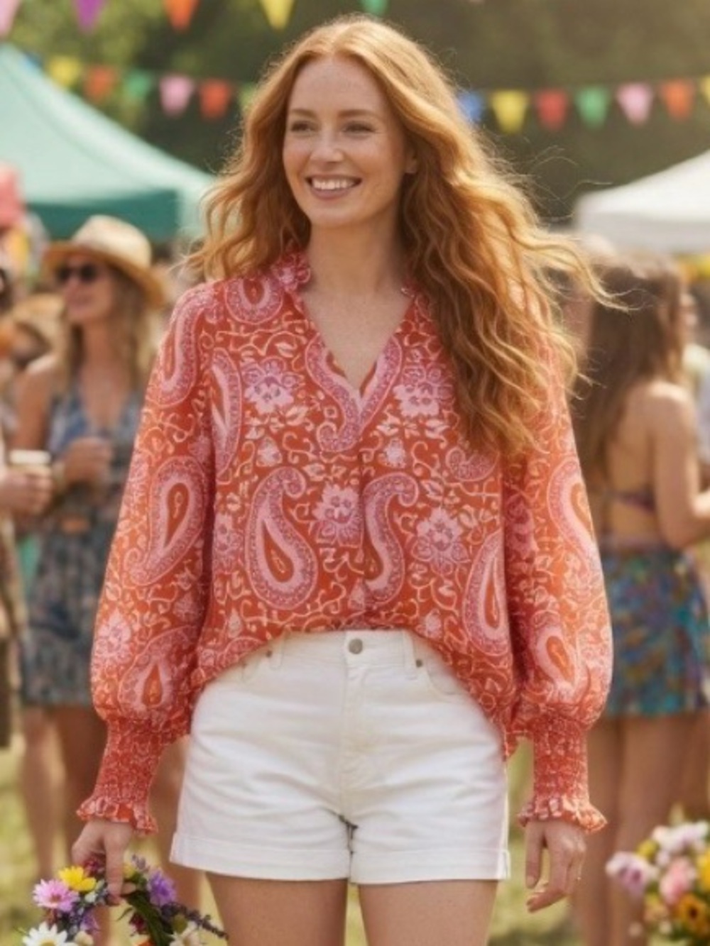 Boden Orange & Fuchsia Paisley Boho Blouse - Smocked Cuffs Bohemian Summer Top